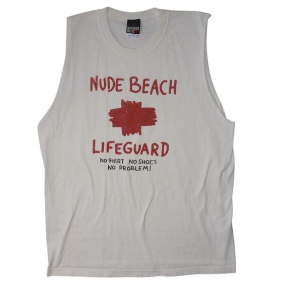 Vintage Anchor Blue Nude Beach Lifeguard Muscle Tee Tank Top XL Funny Graphic - Picture 1 of 6